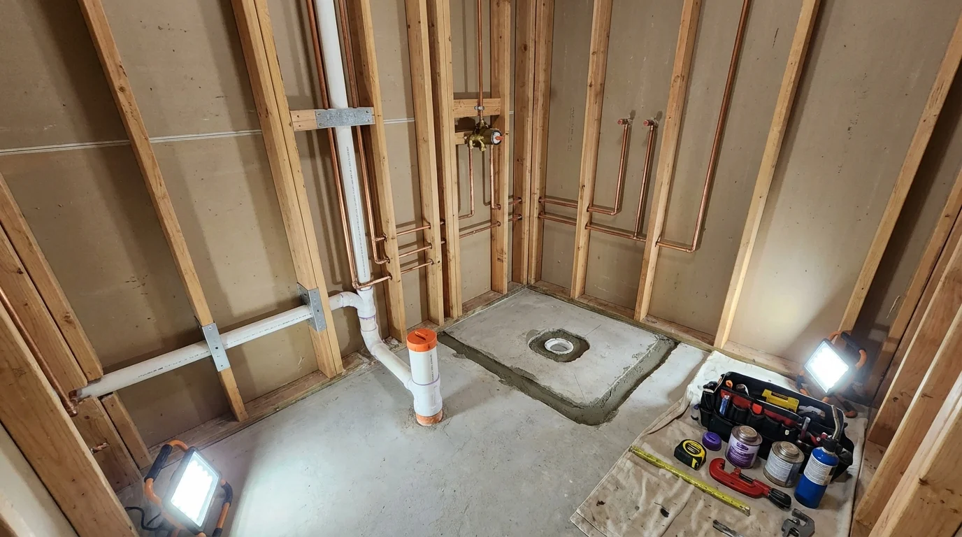 Bathroom rough-in plumbing during remodel by Johns Plumbing LLC in Dousman