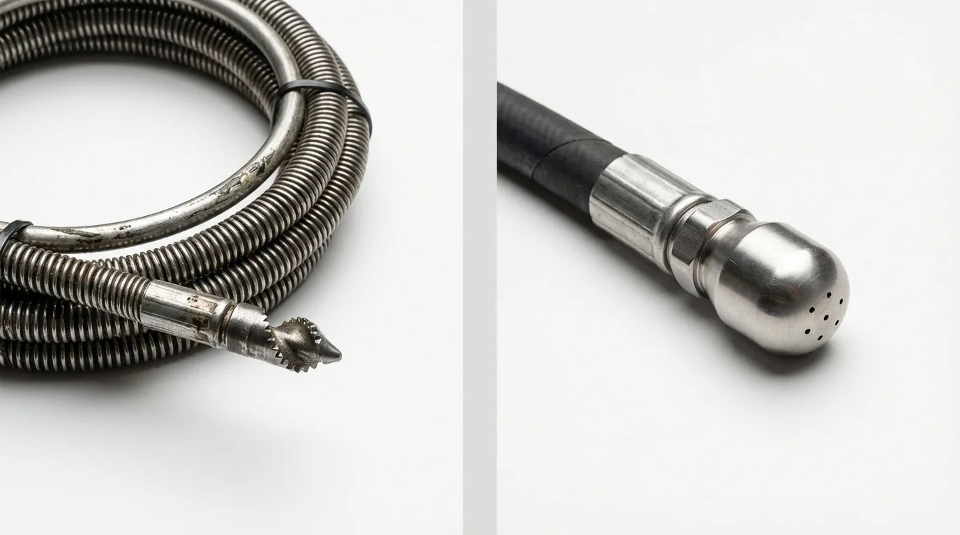 Drain snake cable and hydro jetting nozzle used for drain cleaning in Dousman, WI