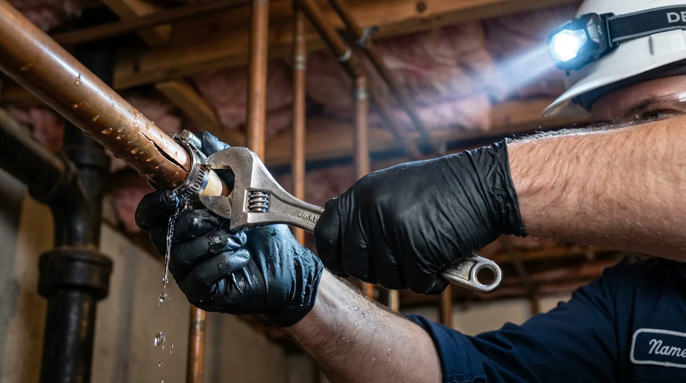 Emergency pipe clamp repair being performed by a Johns Plumbing LLC plumber in Dousman