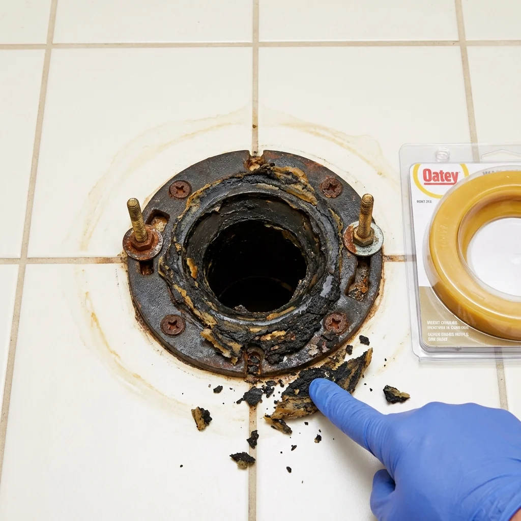 Failed wax ring showing water seepage at the base of a toilet in a Dousman, WI home