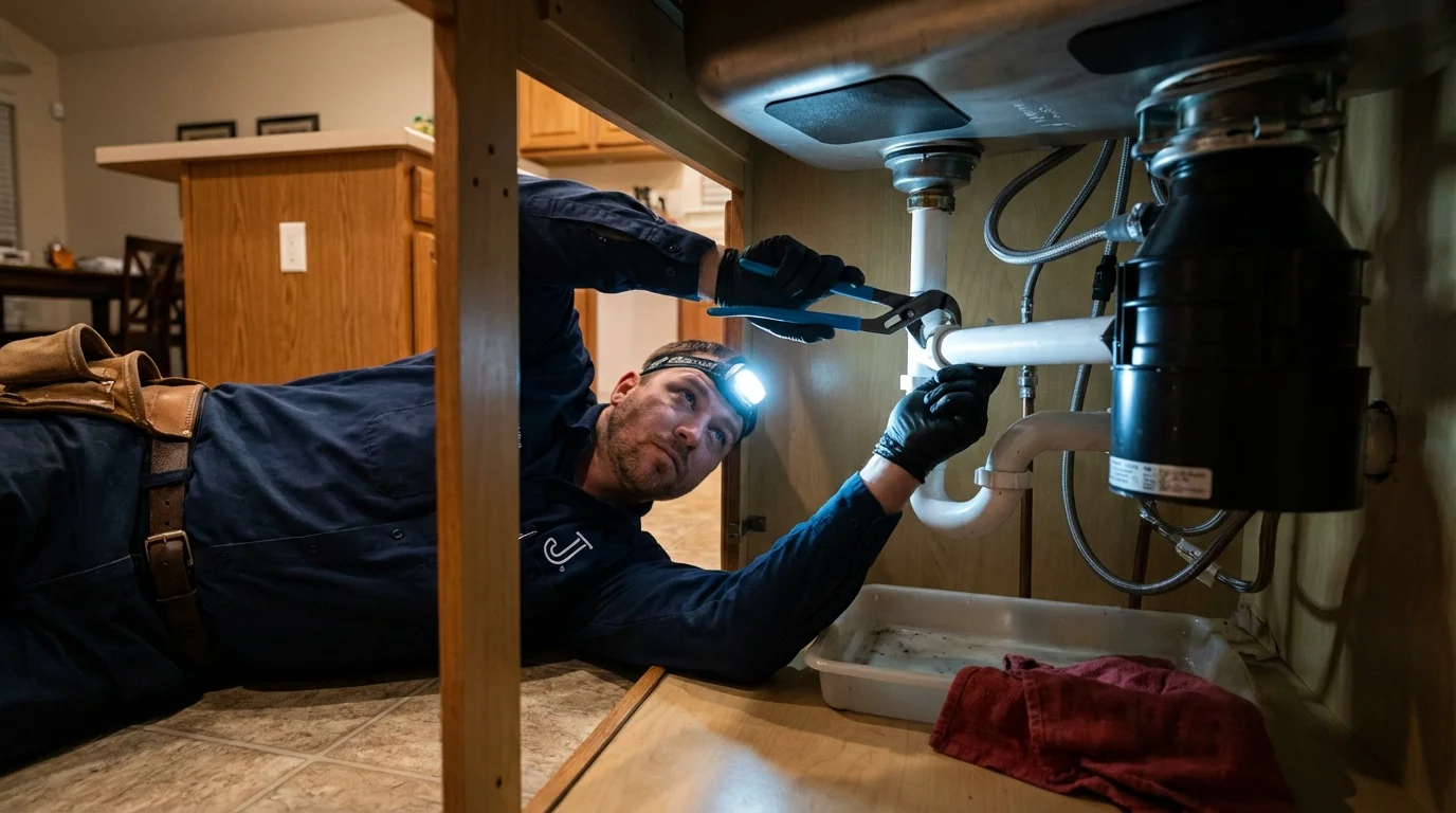 P-trap and supply line connections under a kitchen sink showing a common leak point in Dousman, WI